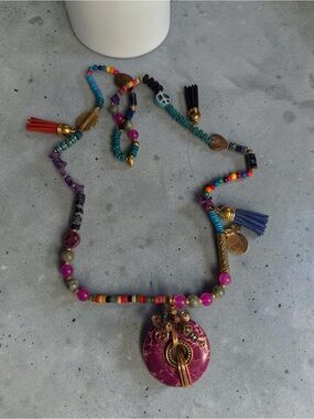 Boho Multicolor Beaded Statement Necklace with Pink Pendant